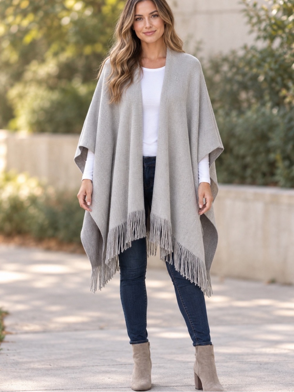 Sonoma Light Gray Fringe Wrap Cape